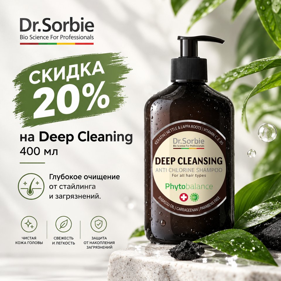 Скидка 20% на Шампунь Dr. Sorbie глубокоочищающий для всех типов волос 